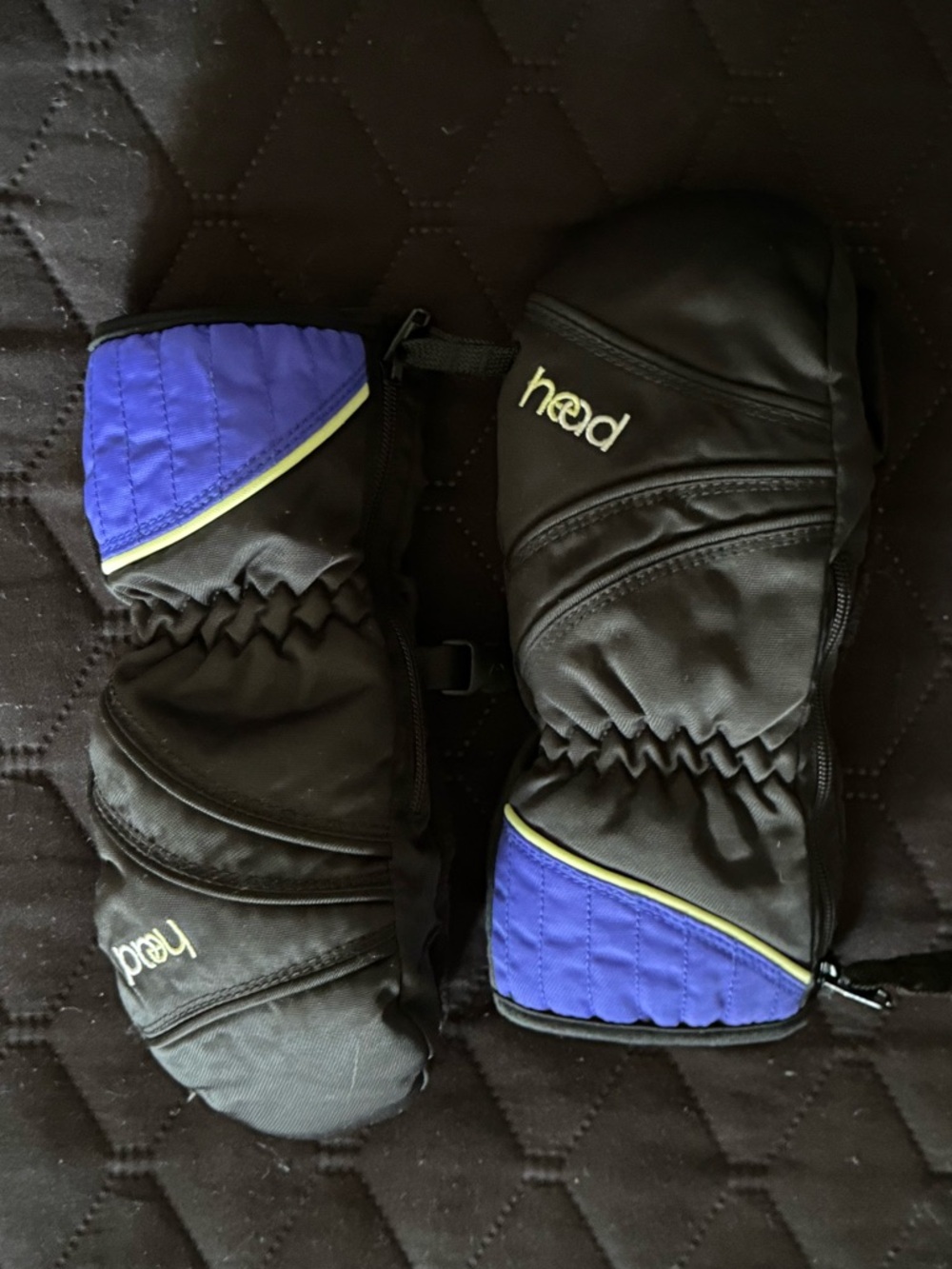 Head Black Mittens with Purple Quilted Trim XS